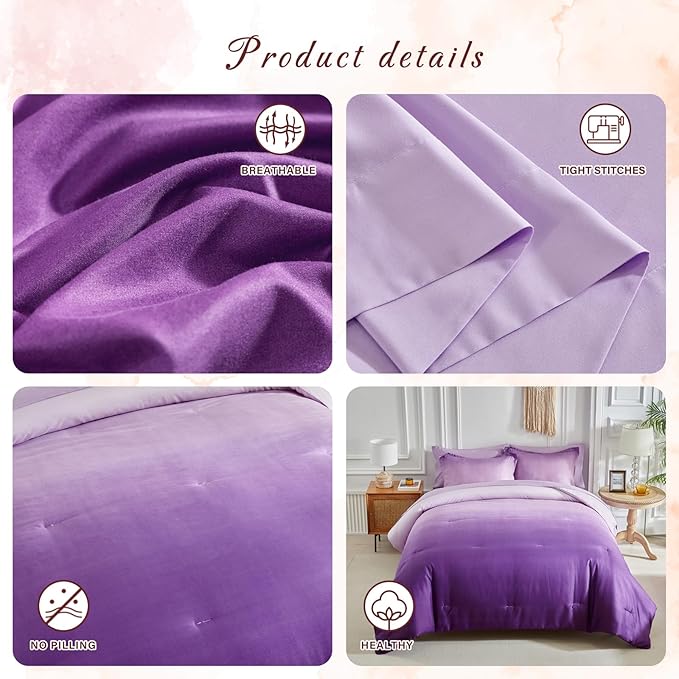 Purple and Lilac Gradient Comforter Set King Size 7 Pieces Elegant Ombre Bed in a Bag - Reversible All Season Bedding Set with Comforter, Flat Sheet, Fitted Sheet, 2 Pillowcases & 2 Pillow Shams