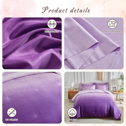 Purple and Lilac Gradient Comforter Set King Size 7 Pieces Elegant Ombre Bed in a Bag - Reversible All Season Bedding Set with Comforter, Flat Sheet, Fitted Sheet, 2 Pillowcases & 2 Pillow Shams