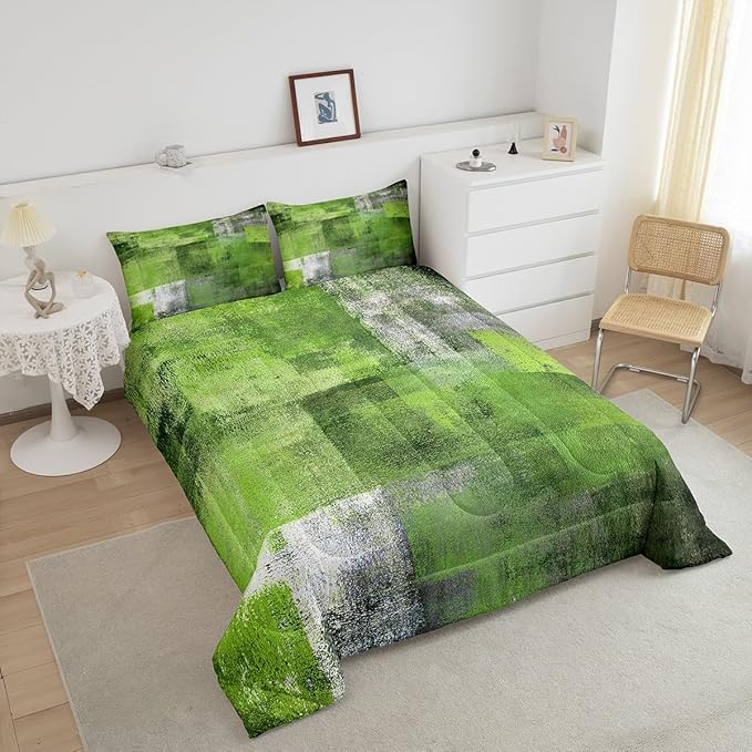Summer Watercolor Comforter Set for Kids Boys Girls,Green Grey Bedding Set Full,Mid Century Bedding Comforter Sets,Abstract Oil Painting Ombre Art Duvet Insert with 2 Pillowcases All Season