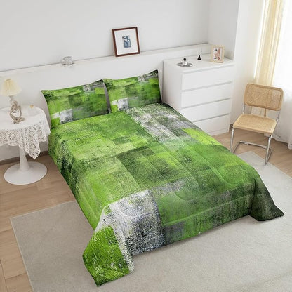 Summer Watercolor Comforter Set for Kids Boys Girls,Green Grey Bedding Set Full,Mid Century Bedding Comforter Sets,Abstract Oil Painting Ombre Art Duvet Insert with 2 Pillowcases All Season
