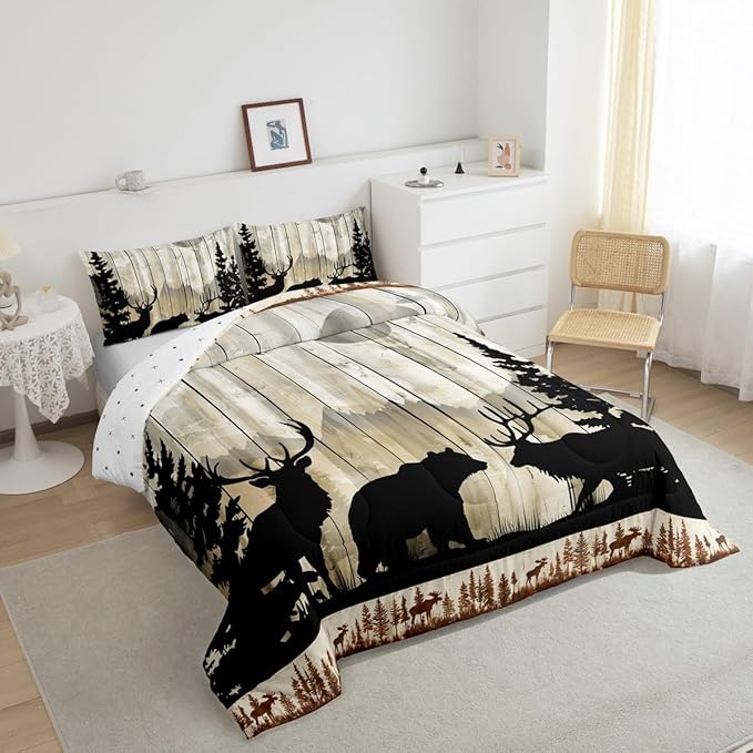 Feelyou Western Rustic Bear Deer Elk Comforter Set, Wooden Farmhouse Bedding Toddler, Hunting Wild Animal Quilt Forest Wildlife Hunting Bedding Comforter Sets Kids Boys Teens Adult Men Bedroom Decor