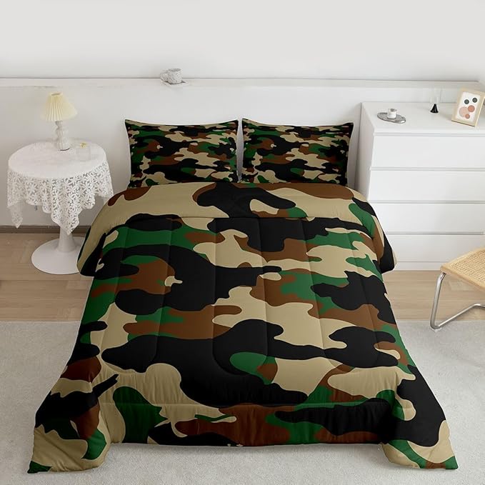 Erosebridal Camouflage Comforter Set King Size Camo Bedding Set for Adutls Men Women Dark Green Brown Black Comforter Rustic Farmhouse Abstract Quilt Bedroom Decor
