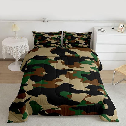 Erosebridal Camouflage Comforter Set Toddler Size Camo Bedding Set for Kids Boys Girls Dark Green Brown Black Comforter Rustic Farmhouse Abstract Quilt Bedroom Decor