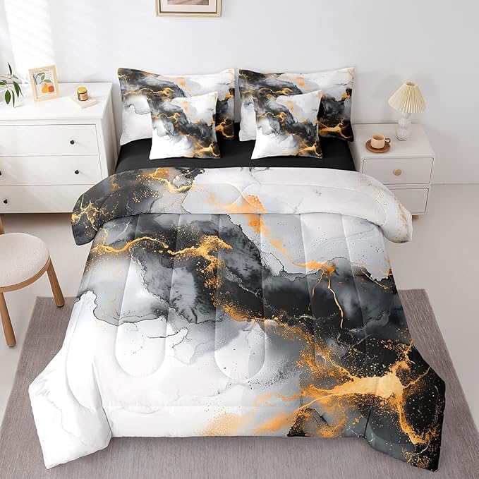 Black Orange Marble Bedding Comforter Sets 7 Pieces Watercolor Artwork Bed in a Bag, Abstract Foil Print Full Bedding Sets Aesthetic Marbling Comforter Set, Mountain Fluid Bedding Sets & Collections
