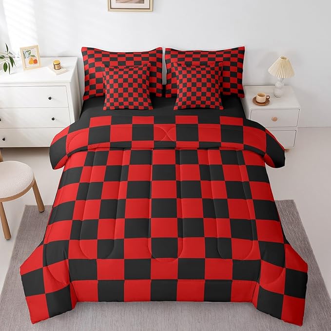 Feelyou Checkered 7 Piece Bedding Set Teen Red Black Plaid Comforter Set with Sheets Full Size Kids Boys Cute Retro Neutral Checkerboard Geometric Bed in a Bag Vintage Aesthetic Room Decor