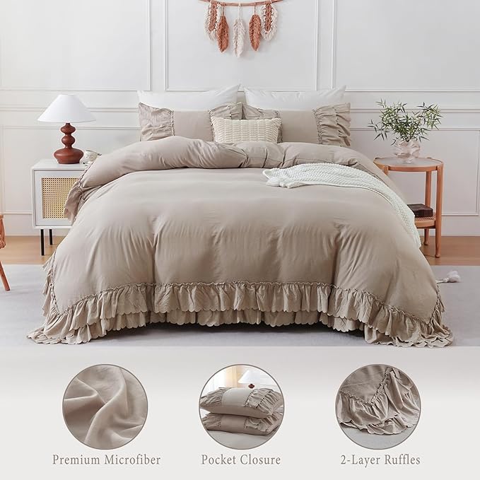 Herside Taupe Boho Comforter King Size,Shabby Chic Ruffle Bedding Set,2 Layers Ruffles Fluffy Vintage Comforter Home Decor,Farmhouse 3 Pcs Microfiber Lightweight Quilt Set