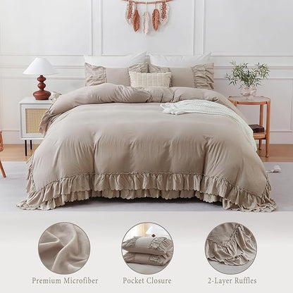 Herside Taupe Boho Comforter King Size,Shabby Chic Ruffle Bedding Set,2 Layers Ruffles Fluffy Vintage Comforter Home Decor,Farmhouse 3 Pcs Microfiber Lightweight Quilt Set