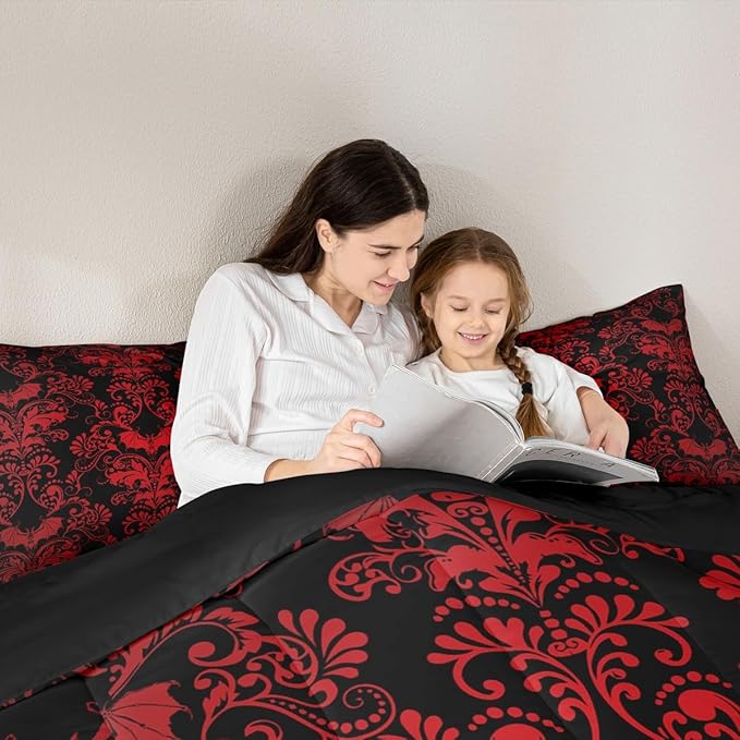 Erosebridal Gothic Damask Comforter Set 7 Piece Bed in a Bag Twin,Halloween Bat Bedding Sets Red Black Victorian Floral Goth Sheet Set with Comforter