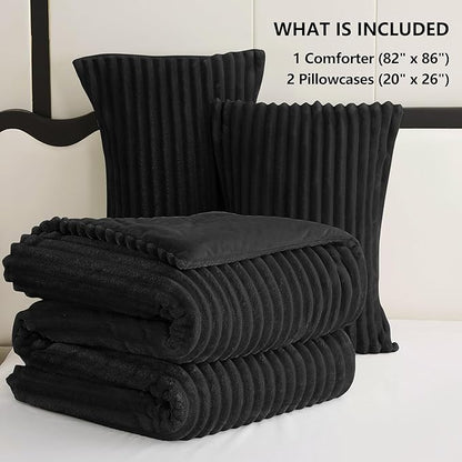 CozyLux Fluffy Full Size Comforter Sets - Super Soft Faux Fur Black Comforter Full Size, Winter Warm Fleece Bedding Set, 3 Pieces Plush Fuzzy Bed Set (1 Shaggy Comforter, 2 Pillowcases)