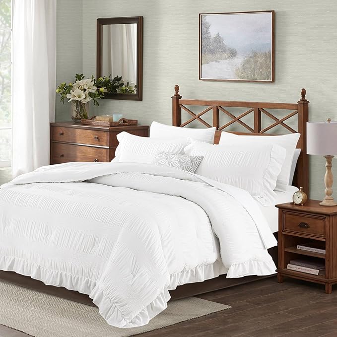 White Comforter Set Queen Size Seersucker Design with Ruffled Edges, Soft Bedding Set Queen Size 3 Pcs, Down Alternative Light Weight Comforter Set (White,90"x90")