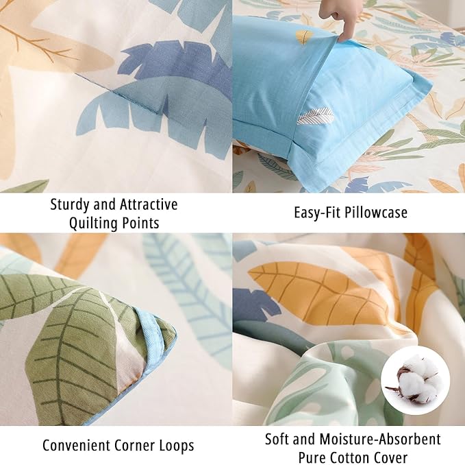 Tropical Coastal Blue Cotton Comforter Queen Size 3Pcs - Bright Orange, Olive Green & Beige Palm and Leaf Patterns, Botanical Lightweight Reversible Bedding Sets with Soft Fill(90"×90")