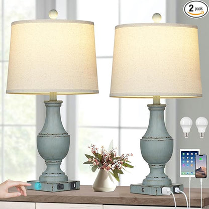 Farmhouse Table Lamps Set of 2, Rustic Touch Control Bedside Lamps with 2 USB Ports & AC Outlet, Vintage 3-Way Dimmable Nightstand Lamp Linen Fabric Shade for Living Room Bedroom End Table Decor