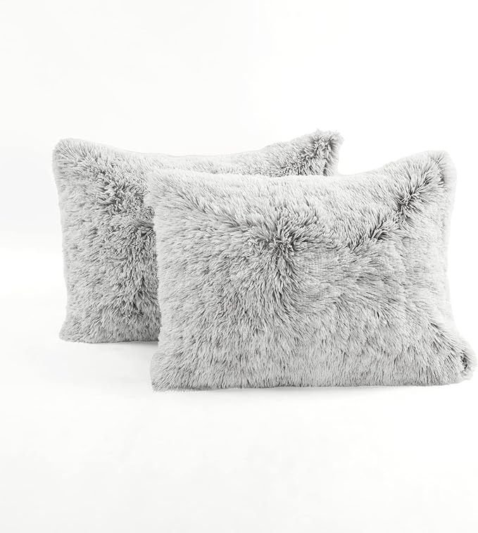 Lush Decor Emma Cozy Soft Fluffy Two Tone Faux Fur Comforter Set, Full/Queen, Gray - College Dorm Shaggy Plush Warm 3 Piece Bedding Set