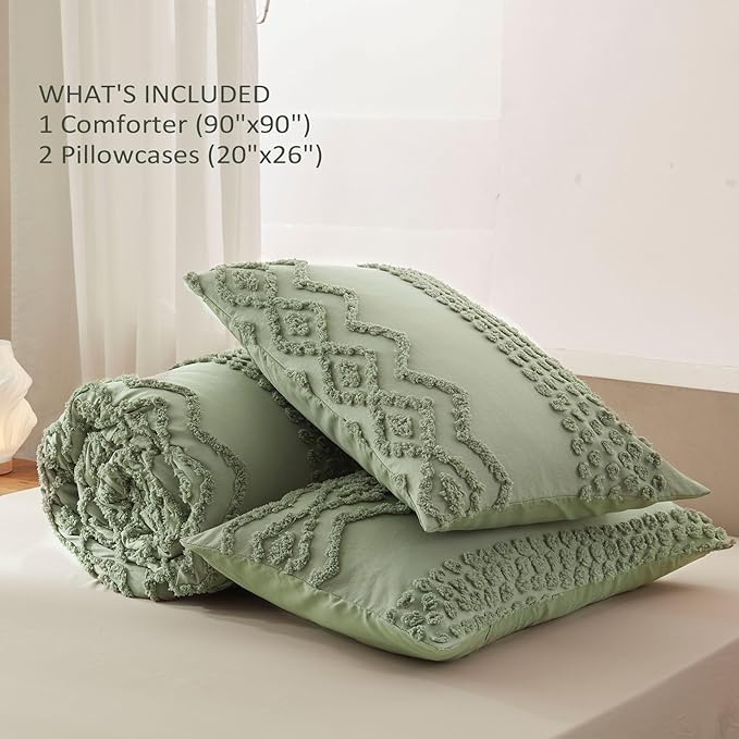 Luxudecor Sage Green Tufted Comforter Set Queen Size 3 Pieces Boho Shabby Chic Comforter Farmhouse Embroidery Bedding Set Soft Comforter for All Seasons (Sage Green, 90''x90'')