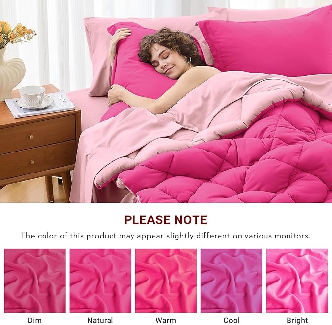MUXHOMO 7 Pieces Oversized Queen Comforter Set, Reversible Bed in a Bag Oversized Queen Size, All Season Bedding Set with Comforter, Flat Sheet, Fitted Sheet, Pillowcases & Shams, Hot Pink & Baby Pink