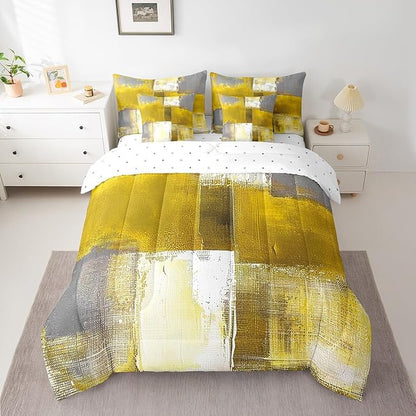 Erosebridal Yellow White Gray Bedding Twin Size 7-Piece Oil Painting Comforter Set, Ombre Gradient Bed in a Bag with Flat Sheet and Fitted Sheet Graffiti Abstract Bedding Comforter Sets