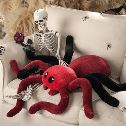 Phantoscope Happy Halloween Spider Shaped Throw Pillow, Faux Fur Fluffy Tarantula Shaped Halloween Cushion Pillow Contrast Color with Shapeable Legs, for Bedroom Sofa, Red, 18 x 9.5 inches