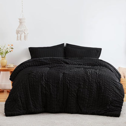 Love's cabin Seersucker Black King Size Comforter Set, 7-Piece All Season Lightweight Bed in a Bag Bedding Set with Comforter, Flat Sheet, Fitted Sheet, Pillowcases and Shams | Soft, Breathable, Lightweight