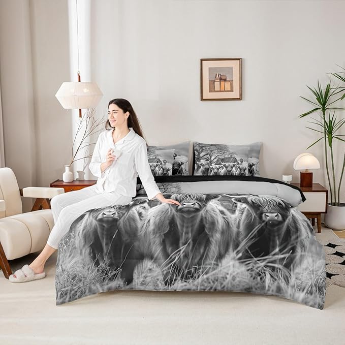 Erosebridal Highland Cow King Bedding Set - Cow Print Bed in A Bag,Western Rustic Comforter Sets with Sheets, Farmhouse Cabin Decor 7 Pieces Bed Set for Boys Girls Kids Room Decor