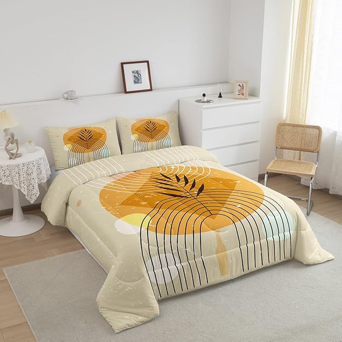 Erosebridal Geometric Stripe Comforter Set Queen Retro Aesthetic Bedding Set, Beige Minimalism Bedding Comforter Sets Modern Artwork Duvet, Mid Century Quilted Comforter with 2 Pillowcase Super Cozy
