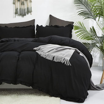 Luxlovery Black Ruffle Comforter Set King Pure Farmhouse Bedding Shabby Boho Taupe Blanket Quilts Vintage Chic All Dark Color for Bed Women Men, Black,