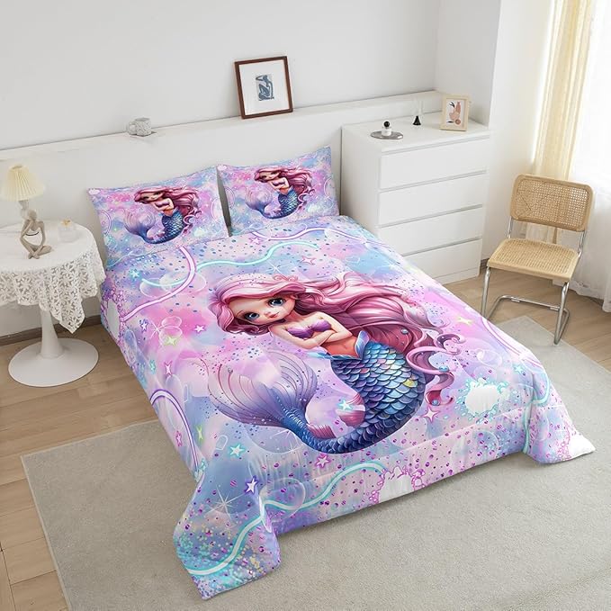 Cute Mermaid Reversible King Size Comforter Set,Lovely Pink Mermaid Decor All Season Bedding Set,Teens Rainbow Stars Galaxy Comforter,Dreamy Love Decor Quilt Set Bedroom Collection 3Pcs,Colorful