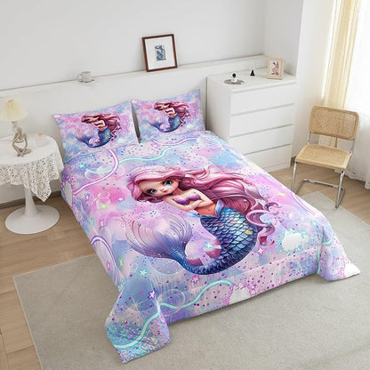 Cute Mermaid Reversible King Size Comforter Set,Lovely Pink Mermaid Decor All Season Bedding Set,Teens Rainbow Stars Galaxy Comforter,Dreamy Love Decor Quilt Set Bedroom Collection 3Pcs,Colorful