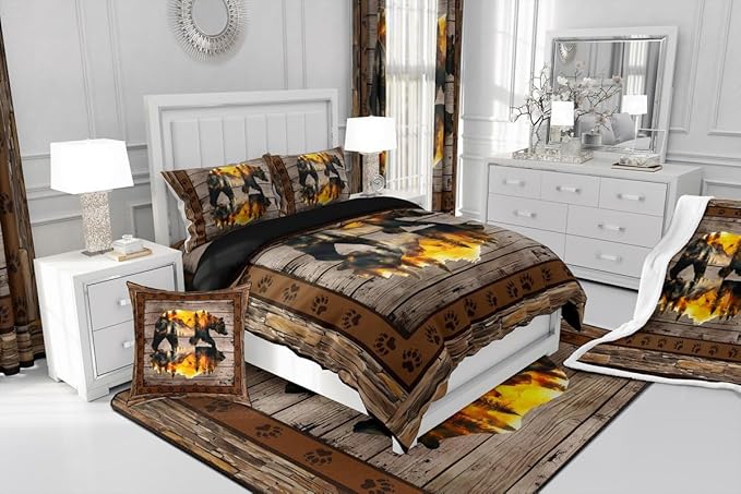 Feelyou Rustic Bear Bedding Set Wild Animal Hunt Comforter Set for Kids Boys Girls Pine Trees Retro Comforter Paw Print Quilt Set Bedroom Collection 3Pcs King Size