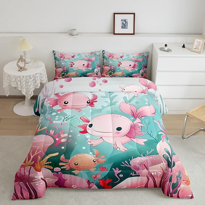 Cute Axolotl Kids Comforter Set Queen Size,Pink Kawaii Animal Ocean Sealife Bedding Set for Bedroom Soft Decor Cartoon Lovely Coral Undersea Quilted Duvet,2 Pillowcases
