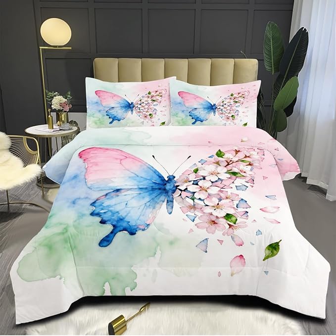 Butterfly Comforter Set Queen 3 Pieces Blue Pink Green Tie Dye Bedding Set for Kids Teens Butterflies Floral Cherry Blossoms Comforter with 2 Pillowcases, Super Soft Microfiber All Season