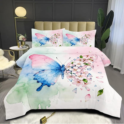 Butterfly Comforter Set Queen 3 Pieces Blue Pink Green Tie Dye Bedding Set for Kids Teens Butterflies Floral Cherry Blossoms Comforter with 2 Pillowcases, Super Soft Microfiber All Season