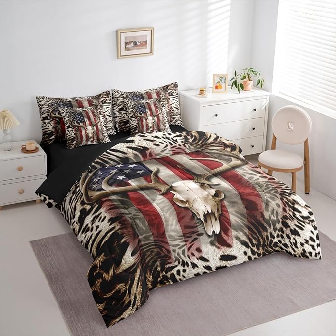 Erosebridal Deer Skull 7 Pcs Comforter Set Twin Size,Hunting Deer Bed in a Bag for Kids Boys Girls,Cheetah Leopard Print Sheet Set,Abstract American Flag Quilt Set,Africa Wild Animals Bedding Set