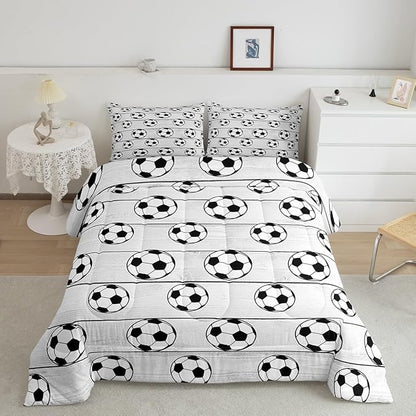 Manfei Soccer Comforter Set King Size, Football Sports Theme Bedding Set for Kids Boys Girls Room Decor, Grey Wooden Plank Down Comforter, Soft Polyester Quilt Set,2 Pillowcases