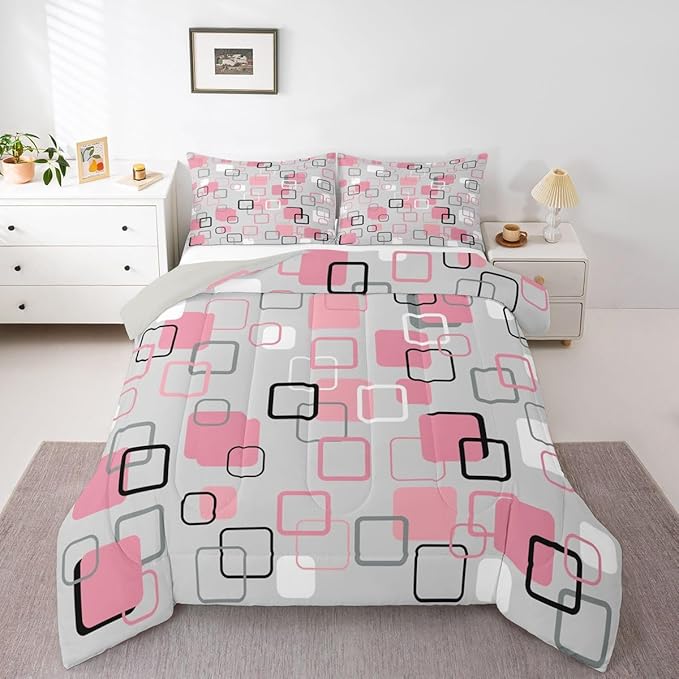 Erosebridal Pink Geometric Square Kids Comforter Sets Pink and Gray Striped King Bedding Set for Girls Boys Minimalist Art Aesthetic Comforter Set Modern Abstract Plaid Quilt Duvet 3 Pcs