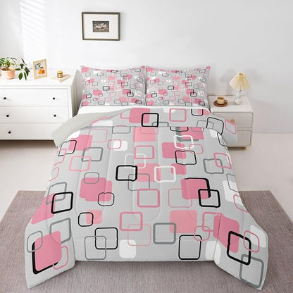 Erosebridal Pink Geometric Square Kids Comforter Sets Pink and Gray Striped Full Bedding Set for Girls Boys Minimalist Art Aesthetic Comforter Set Modern Abstract Plaid Quilt Duvet 3 Pcs