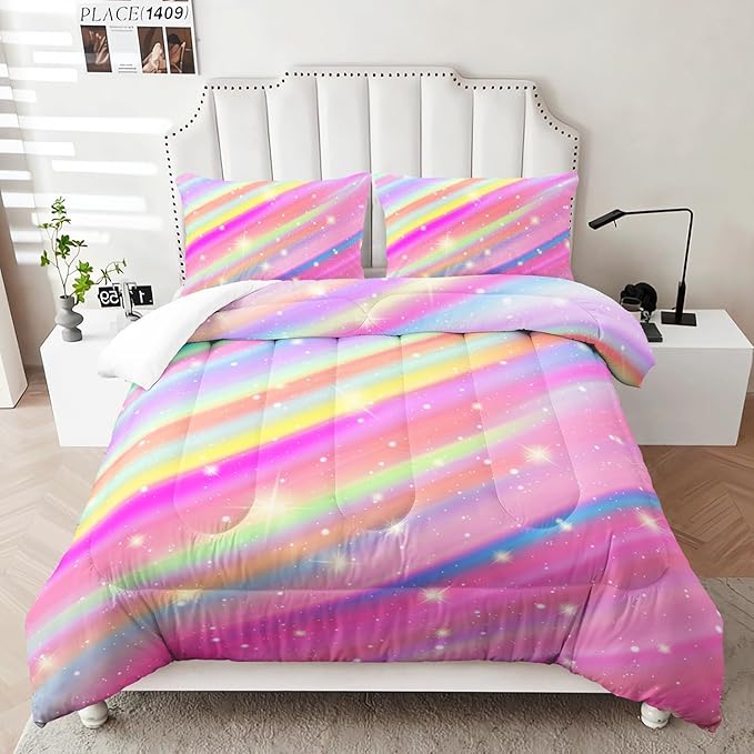 Blue and Violet Comforter Set for Girls Kids Teens,Full Size Rainbow 3 Pieces Gradient Glitter Bed in A Bag Full,Colorful Galaxy Ultra Soft Bedding Sets for Girls,All Season