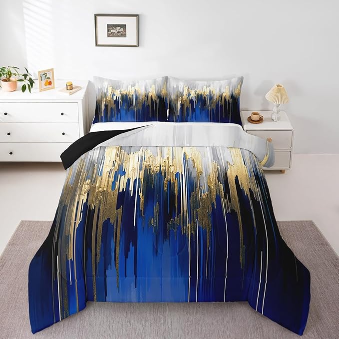 Abstract Art Bedding Set King Navy Gold Grey Comforter Set, Stripe Duvet Insert Golden Metallic Sequins Quilt Sets, Dark Blue Tie Dye Bedding Comforters & Sets Luxurious Modern Bedroom Decor