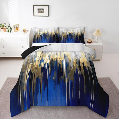 Abstract Art Bedding Twin Navy Gold Grey Comforter Set, Stripe Bedding Comforter Sets Golden Metallic Sequins Duvet Insert, Dark Blue Tie Dye Down Comforter Luxurious Modern Bedroom Decor
