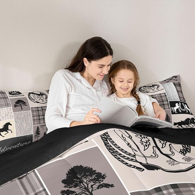 Erosebridal Western Horse Comforter Set, Rustic Farmhouse Quilt Twin, Southwest Riding Boots Horseshoe Bedding, Geometric Grid Plaid Patchwork Bedding Comforter Sets Cabin Decor for Bedroom, Brown