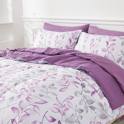 Yogeneg Botanical King Szie Comforter Set 7 PCS Bed in a Bag,Purple Grey Leaves Printed on White Reversible Design,Soft Microfiber Bedding Complete Set for All Season(Purple,King)
