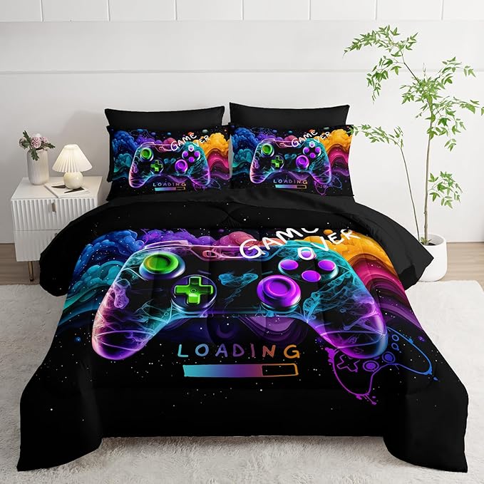Video Game Comforter Set Full，Game Themed Bedding 7 Pieces Sets for Boys，Game Over Bedroom Decor，(1 Comforter, 1 Flat Sheet, 1 Fitted Sheet, 2 Pillowcase and 2 Pillow Sham)