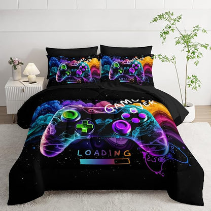 Video Game Comforter Set Full，Game Themed Bedding 7 Pieces Sets for Boys，Game Over Bedroom Decor，(1 Comforter, 1 Flat Sheet, 1 Fitted Sheet, 2 Pillowcase and 2 Pillow Sham)