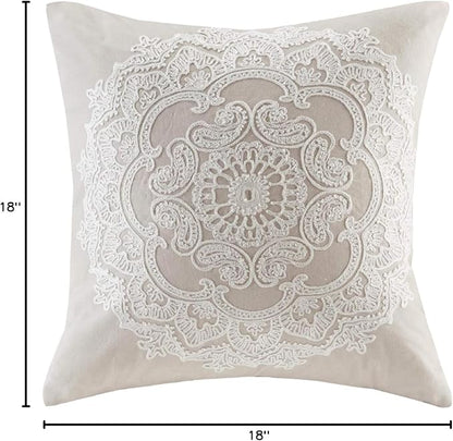 Harbor House Modern Design Decorative Pillow Hypoallergenic Sofa Cushion Lumbar, Back Support, Square 18" x 18", Suzanna, Cotton Medallion Taupe