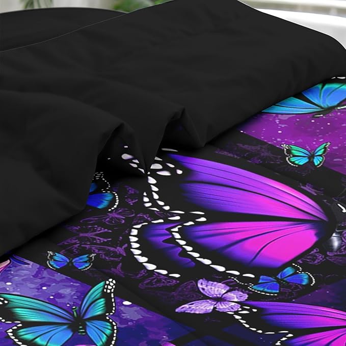 Comforter Set Twin Size, Summer Purple Butterfly 5 Pcs Bedding for Kids and Adults, Vintage Galaxy Space Bed Sheet Sets with Fitted Sheet Pillowcase & Sham for Bedroom Bed Decor