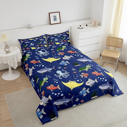 Erosebridal Tortoise Comforter Set for Kids Boys Room, Sea Turtle Shark Down Comforter Toddler Size, Underwater World Bedding Set,Octopus Sea Animal Quilt, Soft Microfiber Decor, Dark Blue