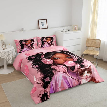 Black Skin Girl Kids Comforter Set King Size,Loce Heart Cute Cat Animal Pet Bedding Set,Girls Women Room Decor,Afro American Theme Princess Down Comforter,Pink Dreamy Duvet Insert,2 Pillowcases