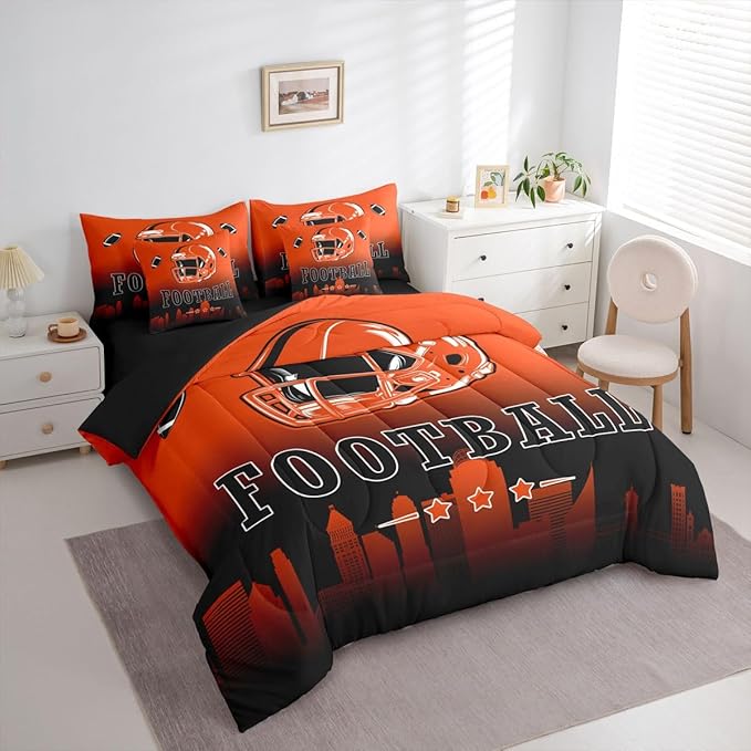 Erosebridal Football Comforter Set with Sheets Twin American Rugby 7 Piece Bedding Set for Boys Girls,Football City Bed in A Bag Orange Black Ombre Bed Set for Kids Teen Adults