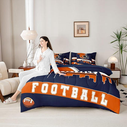 Erosebridal Football 7 Pcs Comforter Set King Football City Bedding for Men Blue Orange Football Fans Sheet Set Bed in A Bag Rugby Game Room Decor Sports Ball Competition Quilt
