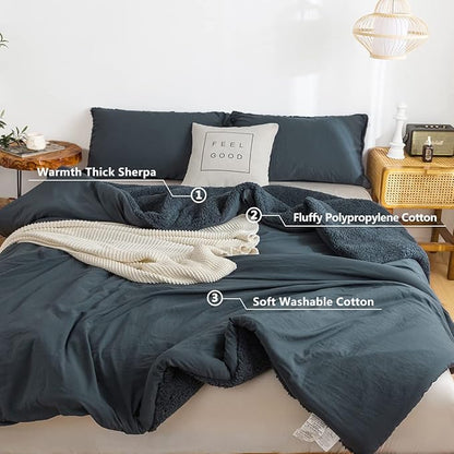 Warmth Queen Comforter Set - Super Soft Fluffy Sherpa Fleece PolyCotton Down Alternative Bedding Blanket Comforter Pillowsham, Plush Medium Weight for Winter Autumn, Dark Dusty Blue Grey Full/Queen