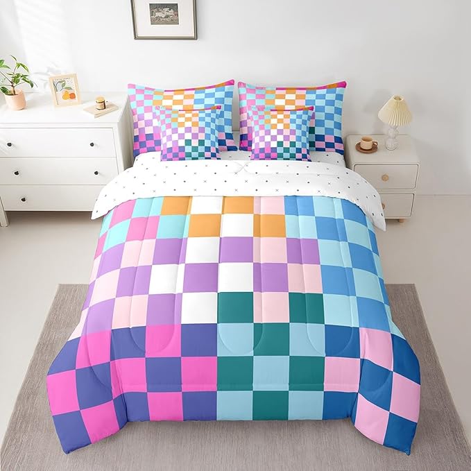 Feelyou Multicolored Checkered Retro Bedding Sets Kids Boys Girls Geometric Vintage Comforter Bed in a Bag Full Size Rainbow Colorful Bed Duvet Insert Modern Groovy Aesthetic Room Decor